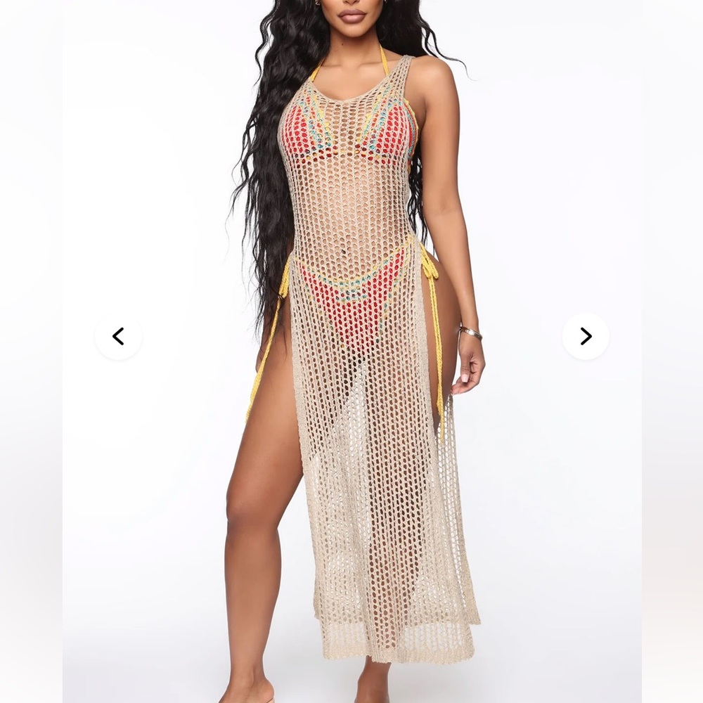NWT Fashion Nova Beach Days Crochet Swim Cover Up Taupe Knit Small Vacation
